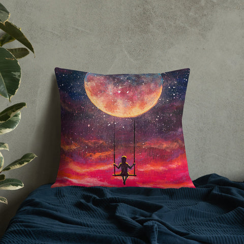 Girl on Moon Swing Premium Pillow - collectorzown